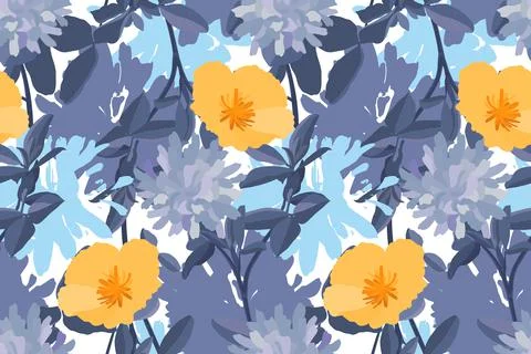 Vector floral seamless pattern. Yellow California poppies, blue and purple Stock Illustration