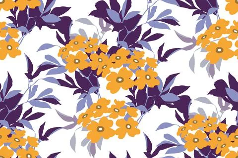 Vector floral seamless pattern. Yellow flowers, purple and lilac twigs and Stockillustratie