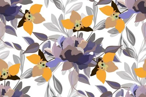 Vector floral seamless pattern. Yellow, purple and coffee-colored flowers and Stock Illustration