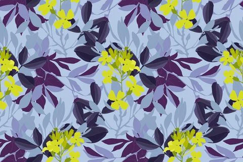 Vector floral seamless pattern. Yellow flowers and purple leaves on a blue Stock Illustration
