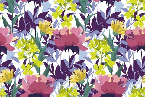 Vector floral seamless pattern. Yellow and pink flowers, green, blue and purple Stock Illustration