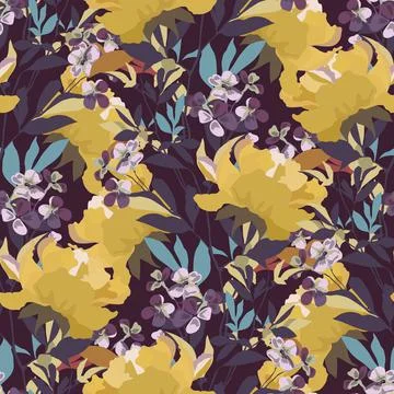 Vector floral seamless pattern. Yellow flowers isolated on a burgundy background Stock Illustration
