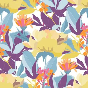 Vector floral seamless pattern. Yellow, orange flowers, blue and purple leaves Stock Illustration
