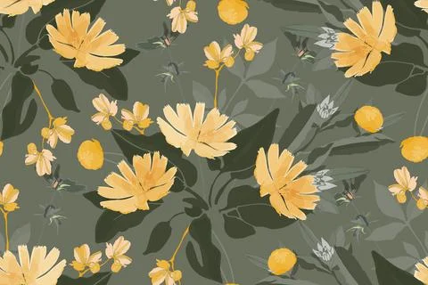 Vector floral seamless pattern. Yellow Succory, chicory flowers Stock Illustration