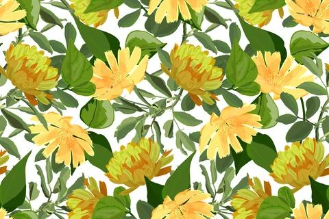 Vector floral seamless pattern. Yellow and ocher flowers with green foliage on a Stock Illustration