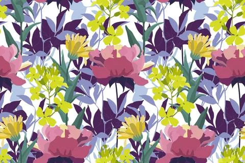 Vector floral seamless pattern. Yellow and pink flowers, green, blue and p... Stock Photos