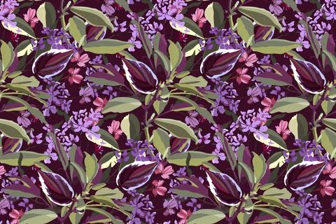 Vector floral seamless tropical pattern. Pink, purple flowers, green, purple Stock Illustration
