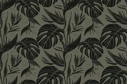 Vector floral seamless tropical pattern. Black twigs and leaves isolated on a Stock Illustration
