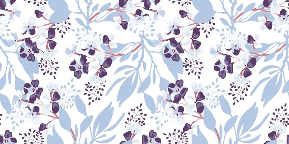 Vector floral seamless widescreen pattern. Lilac flowers with brown twigs and Stock Illustration