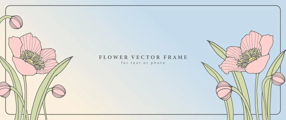 Vector floral spring frame with big pink flowers and green leaves. Stock Illustration
