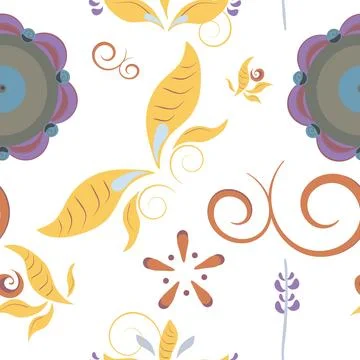 Vector floral stylized folk elements in seamless pattern. Stock Illustration
