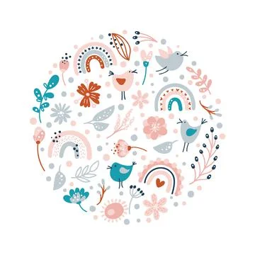 Vector Floral summer round circle. Spring bouquet composition with hand drawn Stockillustratie