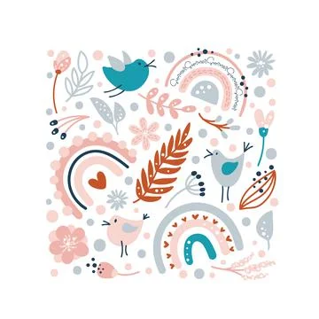 Vector Floral summer square. Spring bouquet composition with hand drawn flowers Illustrazione stock