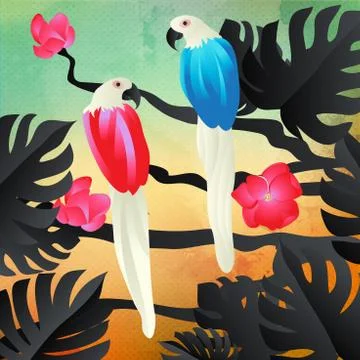 Vector floral tropical pattern background with jungle leaves and parrots. Abs Stockillustratie