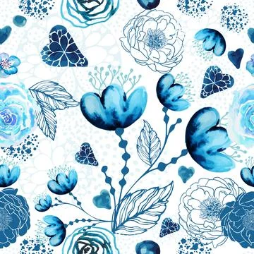 Vector floral watercolor texture pattern with blue flowers. Seamless backgrou Stock Illustration