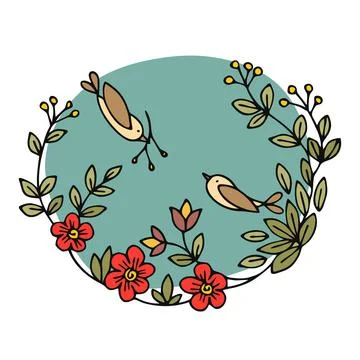 Vector flower and bird background. Exotic flat colorful birds profile in blac Stock Illustration