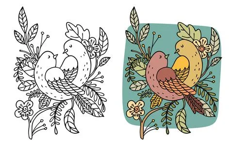 Vector flower and bird background. Exotic flat colorful birds profile in blac Stock Illustration