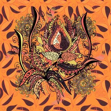 Vector. Flower. Botanic Tile. Pink, black and orange floral pattern for sketch o 스톡 일러스트