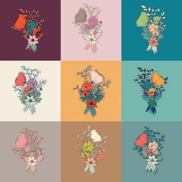 Vector flower bouquet, collection, botanical and floral decoration hand drawn Stock Illustration