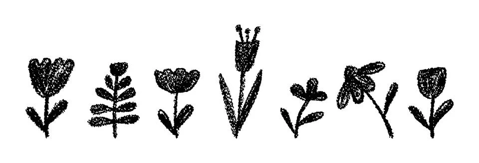 Vector flower collection of chamomile, harebell, and tulip drawn in wax crayon Stock Illustration