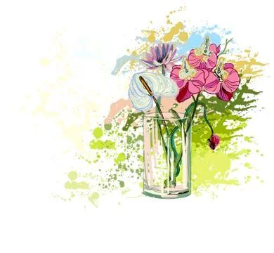 Vector flower colorful background vase glass bouquet Stock Illustration
