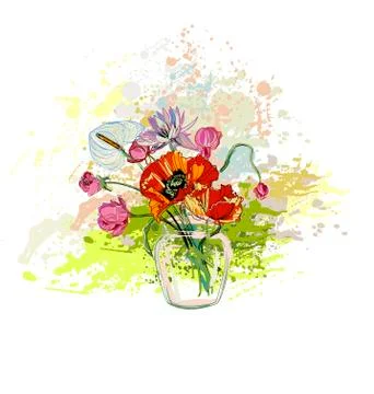 Vector flower colorful background vase glass bouquet Stock Illustration