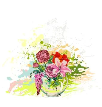 Vector flower colorful background vase glass bouquet Stock Illustration