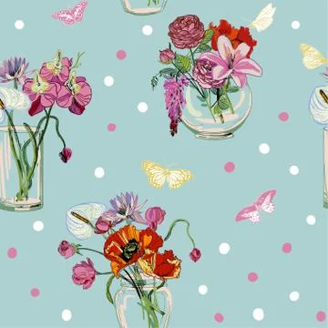 Vector flower colorful background vase glass bouquet seamless pattern Stock Illustration