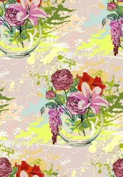 Vector flower colorful background vase glass bouquet seamless pattern Stock Illustration