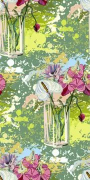 Vector flower colorful background vase glass bouquet seamless pattern Stock Illustration