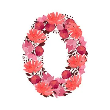 Vector flower number 0. Botanical character, figure. Pink, maroon, coral color Stock Illustration