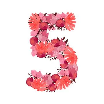Vector flower number 5. Botanical character, figure. Pink, maroon, coral color Stock Illustration
