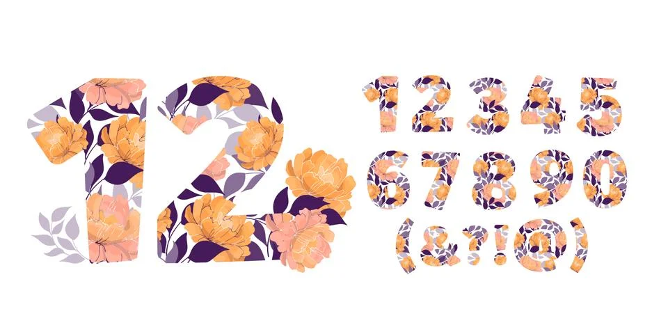 Vector flower numbers from 0 to 9. Botanical character, figure. Stock Illustration