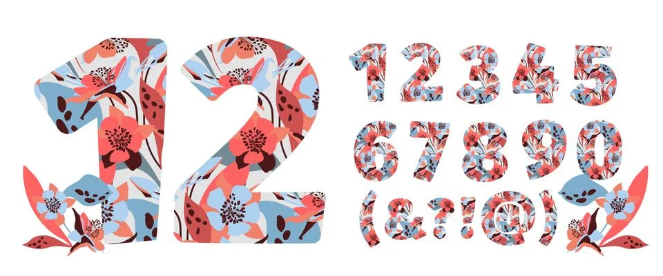 Vector flower numbers from 0 to 9. Botanical character, figure. Stock Illustration