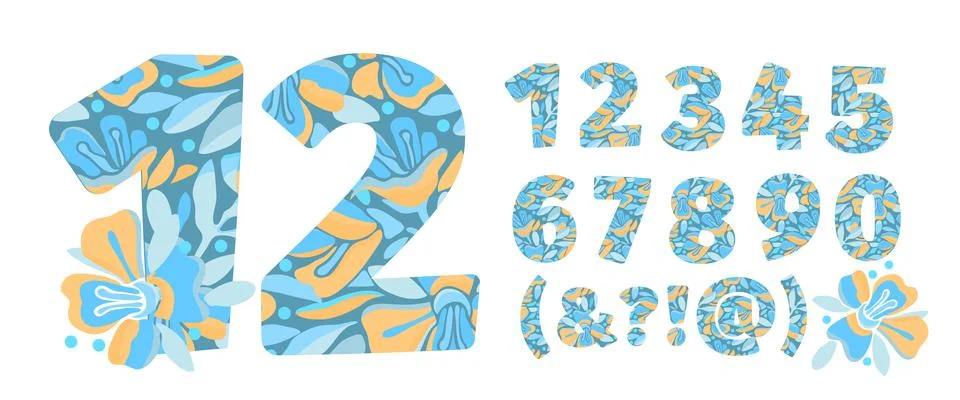 Vector flower numbers from 0 to 9. Botanical character, figure. Stock Illustration