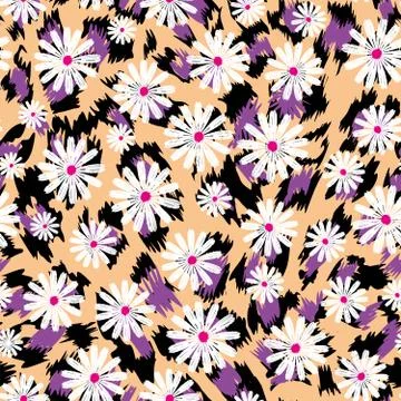 Vector flower seamless on leopard print background. Stock Illustration