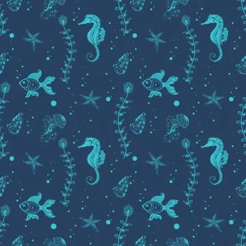 Vector flower seamless pattern background with algae, fish and sea horse. Ele 库存插图