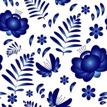 Vector flower seamless pattern background in traditional Russian Gzhel potter Stock Illustration
