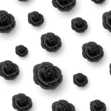 Vector Flower Seamless Pattern, Black Realistic 3d Roses on White. Floral イラスト素材