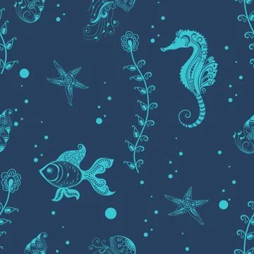 Vector flower seamless pattern element with algae, fish and sea horse. Elegan Stockillustratie