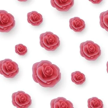 Vector Flower Seamless Pattern, Pink Realistic 3d Roses on White. Floral イラスト素材