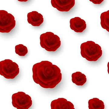 Vector Flower Seamless Pattern, Red Realistic 3d Roses on White. Floral Seamless Stock Illustration