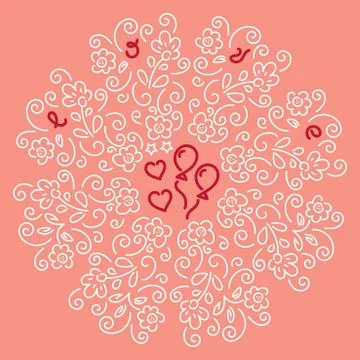 Vector flower shaped Mandala, hand drawn illustration. LOVE text, white on pink Stock Illustration