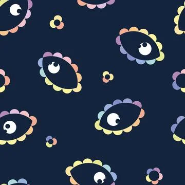 Vector Flowerly Eye Shapes in Rainbow Pastel Colors on Navy Blue seamless Stock Illustration