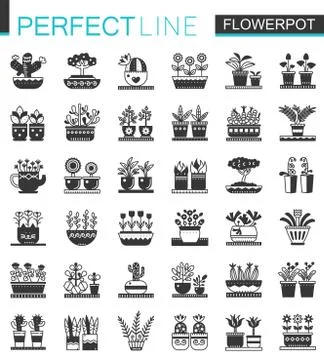 Vector Flowerpots classic black concept icons set Stock Illustration