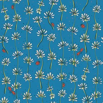Vector flowers and lady bugs on blue seamless pattern print background. Stock Illustration