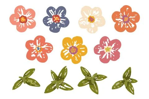 Vector flowers and leaves set. Colorful playful bold flowers with painted brush Stock Illustration