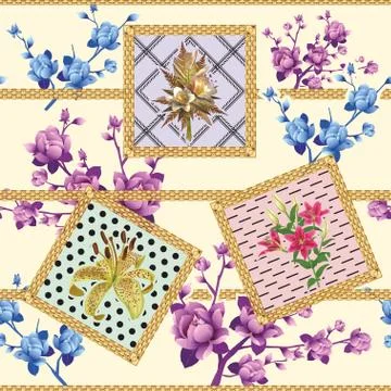 Vector flowers pattern with golden frames.Floral background.Geometric shapes. Stock Illustration