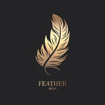 Vector Fluffy Golden Color Feather Logo Icon, Silhouette Feather Closeup Stock Illustration