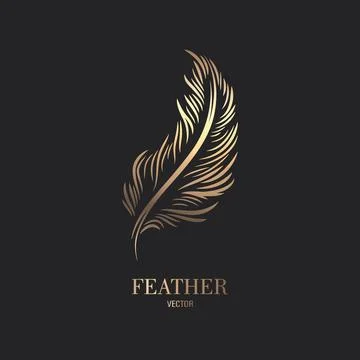 Vector Fluffy Golden Color Feather Logo Icon, Silhouette Feather Closeup Stock Illustration